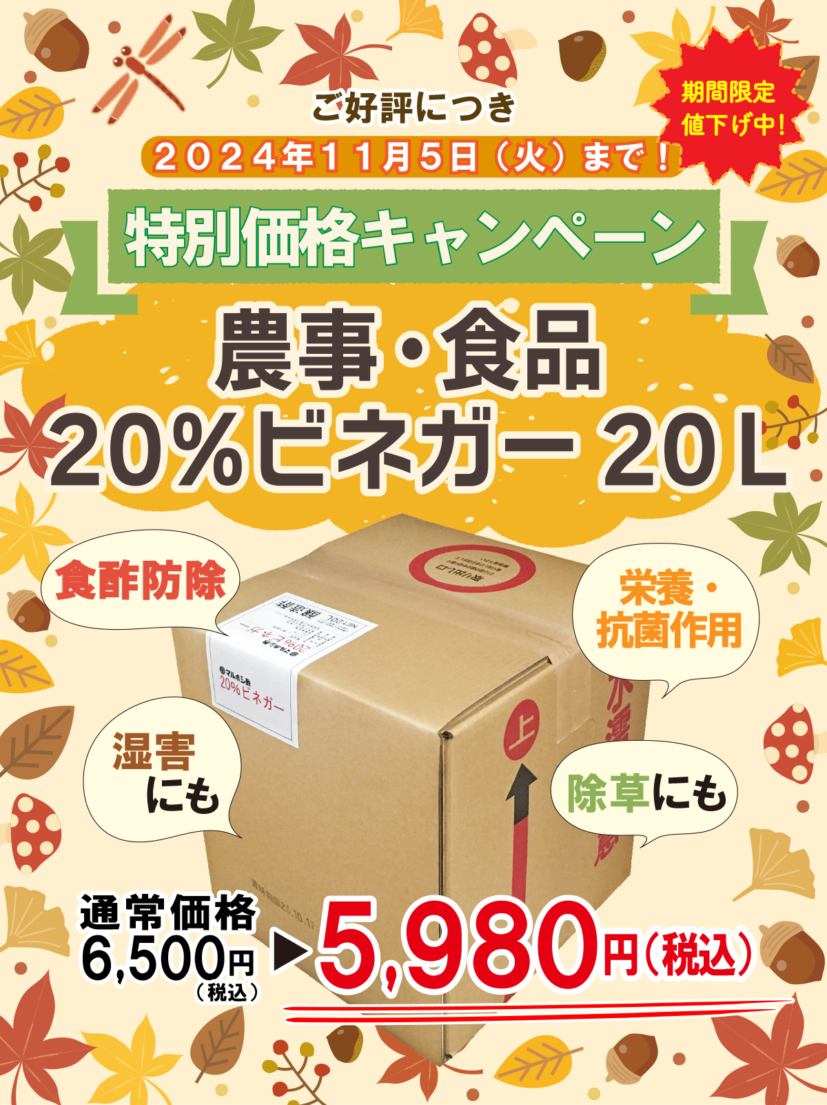 農業に「20％ビネガー」。特別価格キャンペーン！2024年11月5日（火）まで